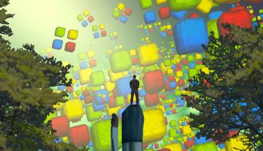 Soyut renkli arka plan, hayal gücü kavramı insan silueti.