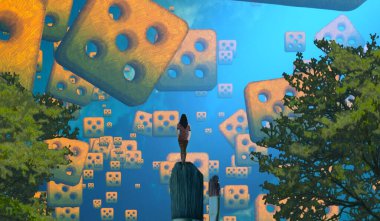 2d illüstrasyon. Soyut rüya gibi motivasyonel görüntü. Hayali dünyada bir rüya da olan kişinin İllüstrasyon. Gözlem. Zar sonucu.