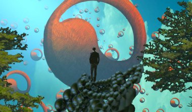 Soyut renkli arka plan, hayal gücü kavramı insan silueti.