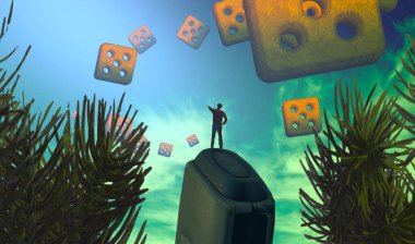 2d illüstrasyon. Soyut rüya gibi motivasyonel görüntü. Hayali dünyada bir rüya da olan kişinin İllüstrasyon. Gözlem. Zar sonucu.