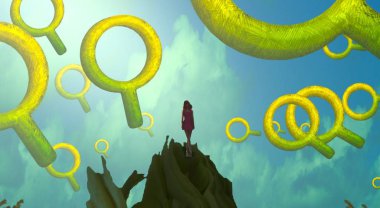 2d illüstrasyon kompozisyonu. Soyut rüya gibi motivasyonel görüntü. Hayali dünyada bir rüya da olan kişinin İllüstrasyon. Renkli zemin