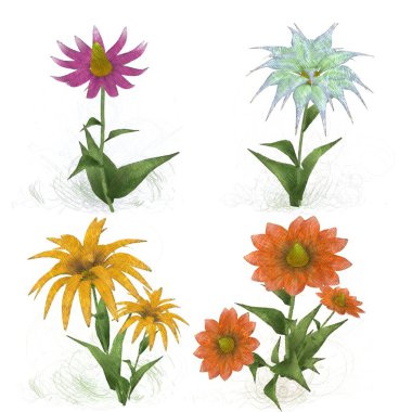 Beyaz arka planda suluboya çiçekler seti