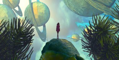 2d illüstrasyon. Soyut rüya gibi motivasyonel görüntü. Hayali dünyada bir rüya da olan kişinin İllüstrasyon. Satürn gezegeni.