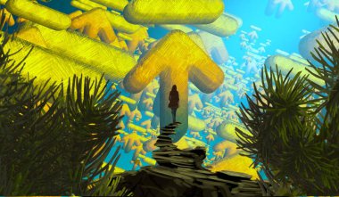 2d illüstrasyon kompozisyonu. Soyut rüya gibi motivasyonel görüntü. Hayali dünyada bir rüya da olan kişinin İllüstrasyon. Renkli zemin