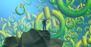 2d illüstrasyon. Soyut rüya gibi motivasyonel görüntü. Hayali dünyada bir kişinin rüyada olması nın illüstrasyonu.