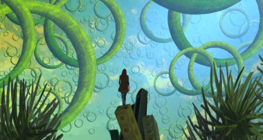 Soyut renkli arka plan, hayal gücü kavramı insan silueti.