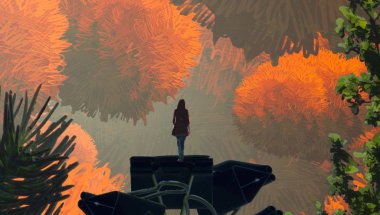 2d illüstrasyon. Soyut rüya gibi motivasyonel görüntü. Hayali dünyada bir rüya da olan kişinin İllüstrasyon. Kabarık nesne.