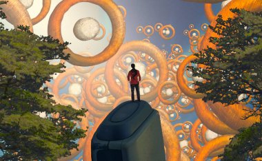 Soyut renkli arka plan, hayal gücü kavramı insan silueti.