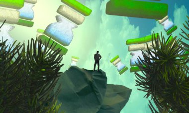 Zaman tutma. 2d illüstrasyon. Soyut rüya gibi motivasyonel görüntü. Hayali dünyada bir kişinin rüyada olması nın illüstrasyonu.