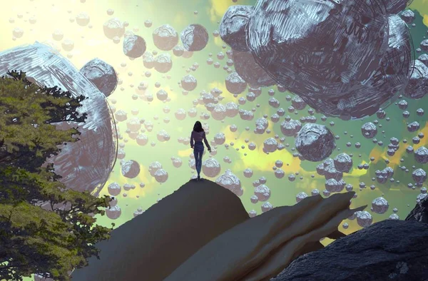 2d illüstrasyon. Soyut rüya gibi motivasyonel görüntü. Hayali dünyada bir kişinin rüyada olması nın illüstrasyonu. 