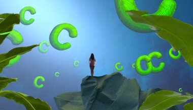 Soyut renkli arka plan, hayal gücü kavramı insan silueti.