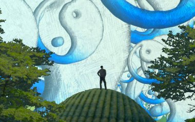 Soyut renkli arka plan, hayal gücü kavramı insan silueti.