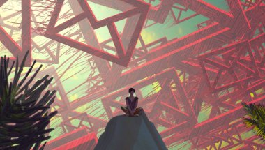 2d illüstrasyon. Soyut rüya gibi motivasyonel görüntü. Hayali dünyada bir rüya da olan kişinin İllüstrasyon. elektronik posta.