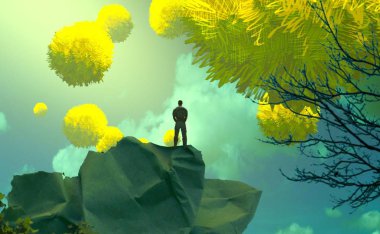 sarı bir gökyüzü tutan adam