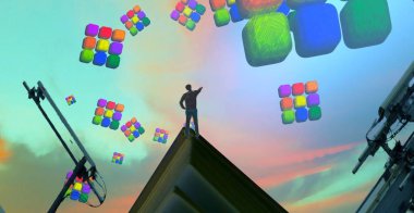 Soyut renkli arka plan, hayal gücü kavramı insan silueti.