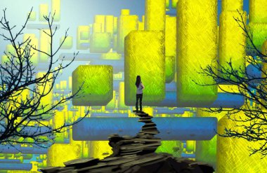 Sonbahar, sarı gökyüzü ile bahçede