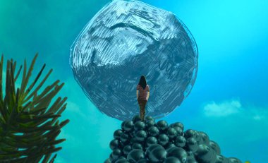 2d illüstrasyon. Soyut rüya gibi motivasyonel görüntü. Hayali dünyada bir kişinin rüyada olması nın illüstrasyonu. 