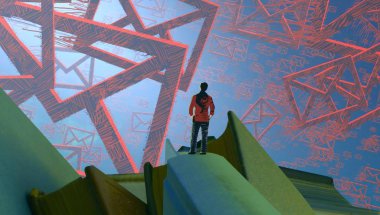 2d illüstrasyon. Soyut rüya gibi motivasyonel görüntü. Hayali dünyada bir rüya da olan kişinin İllüstrasyon. elektronik posta.