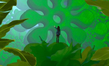 Soyut renkli arka plan, hayal gücü kavramı insan silueti.