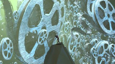 2d illüstrasyon. Soyut rüya gibi motivasyonel görüntü. Hayali dünyada bir kişinin rüyada olması nın illüstrasyonu. 