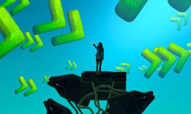 İleri sembolünüksedin. 2d illüstrasyon. Soyut rüya gibi motivasyonel görüntü. Hayali dünyada bir rüya da olan kişinin İllüstrasyon. Gözlem.