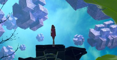 2d illüstrasyon. Soyut rüya gibi motivasyonel görüntü. Hayali dünyada bir kişinin rüyada olması nın illüstrasyonu. 