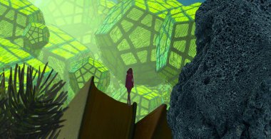 2d illüstrasyon. Soyut rüya gibi motivasyonel görüntü. Hayali dünyada bir kişinin rüyada olması nın illüstrasyonu. 