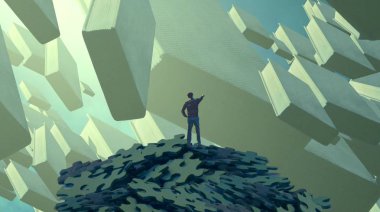 2d illüstrasyon. Soyut rüya gibi motivasyonel görüntü. Hayali dünyada bir rüya da olan kişinin İllüstrasyon. Kitap.