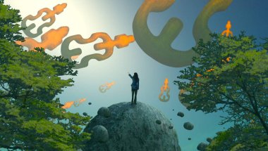 Soyut renkli arka plan, hayal gücü kavramı insan silueti.