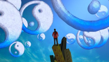 Soyut renkli arka plan, hayal gücü kavramı insan silueti.