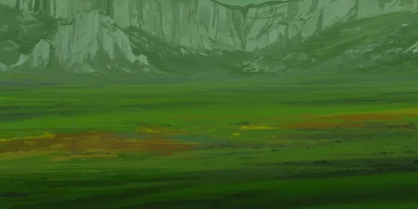 Illustration Landscape Hand Made Digital Art Green Hills Rocky Cliffs — Stock Photo, Image
