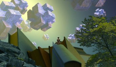 2d illüstrasyon. Soyut rüya gibi motivasyonel görüntü. Hayali dünyada bir kişinin rüyada olması nın illüstrasyonu. 