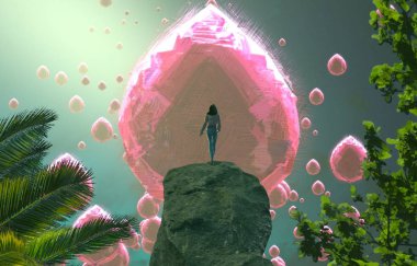 2d illüstrasyon. Soyut rüya gibi motivasyonel görüntü. Hayali dünyada bir kişinin rüyada olması nın illüstrasyonu. 