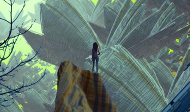 2d illüstrasyon. Soyut rüya gibi motivasyonel görüntü. Hayali dünyada bir kişinin rüyada olması nın illüstrasyonu. 