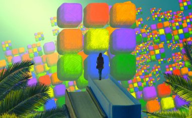 Soyut renkli arka plan, hayal gücü kavramı insan silueti.