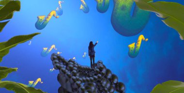 Soyut renkli arka plan, hayal gücü kavramı insan silueti.