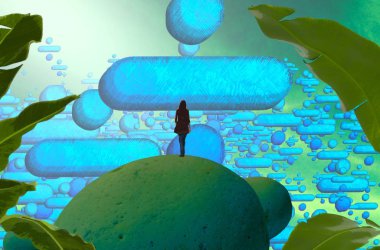 Soyut renkli arka plan, hayal gücü kavramı insan silueti.