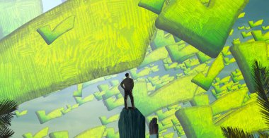 Soyut renkli arka plan, hayal gücü kavramı insan silueti.