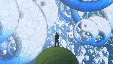 Soyut renkli arka plan, hayal gücü kavramı insan silueti.