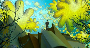 Soyut renkli arka plan, hayal gücü kavramı insan silueti.