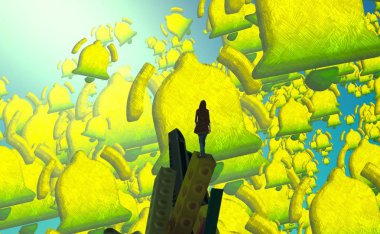 2d illüstrasyon kompozisyonu. Soyut rüya gibi motivasyonel görüntü. Hayali dünyada bir rüya da olan kişinin İllüstrasyon. Renkli zemin