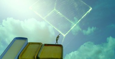 2d illüstrasyon. Soyut rüya gibi motivasyonel görüntü. Hayali dünyada bir rüya da olan kişinin İllüstrasyon. Sanal gerçeklik hologramı.