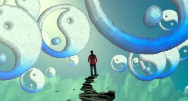 Soyut renkli arka plan, hayal gücü kavramı insan silueti.