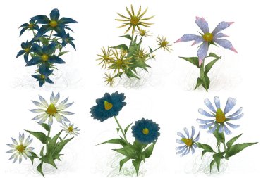 Beyaz arka planda suluboya çiçekler seti