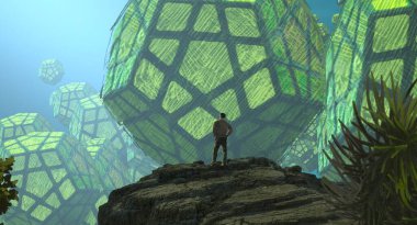 2d illüstrasyon. Soyut rüya gibi motivasyonel görüntü. Hayali dünyada bir kişinin rüyada olması nın illüstrasyonu. 