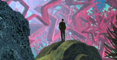 2d illüstrasyon. Soyut rüya gibi motivasyonel görüntü. Hayali dünyada bir kişinin rüyada olması nın illüstrasyonu. 