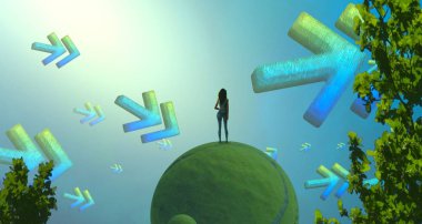 2d illüstrasyon kompozisyonu. Soyut rüya gibi motivasyonel görüntü. Hayali dünyada bir rüya da olan kişinin İllüstrasyon. Renkli zemin