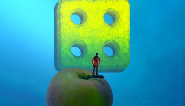 2d illustration. Abstract dreamlike motivational image. Illustration of person being in a dream in imaginary world. Observation. Dice result.