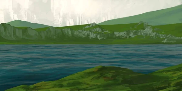 Abbildung Landschaft Handgemachte Digitale Kunst Grüne Hügel Felsklippen — Stockfoto