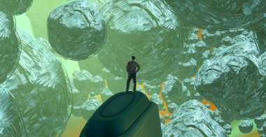 2d illüstrasyon. Soyut rüya gibi motivasyonel görüntü. Hayali dünyada bir kişinin rüyada olması nın illüstrasyonu. 